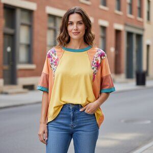 Easel BOHO Mixed Media Dolman Sleeve Tee Top Sz L #247L